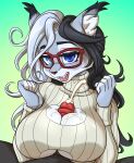 absurd_res anthro big_breasts black_hair blue_eyes bodily_fluids breast_play breast_squish breasts breasts_squeezed_together clothed clothing cum cum_between_breasts cum_on_breasts curvy_figure daigaijin digital_media_(artwork) duo ear_tuft ejaculation erection eyewear felid feline female fur genital_fluids genitals glasses grey_body grey_fur grey_hair hair herm_(lore) heterochromia hi_res huge_breasts karen_wyatt looking_at_viewer lynx male male/female mammal multicolored_hair open_mouth open_smile penis sex smile squish sweater titfuck tongue tongue_out topwear tuft turtleneck two_tone_hair