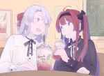  2girls against_table ahoge arm_rest black_bow black_hairband black_ribbon black_shirt blue_eyes blunt_bangs borrowed_character bow chair chalkboard collar commission cup curtained_hair disposable_cup double-parted_bangs dress_shirt drinking drinking_straw drinking_straw_in_mouth eye_contact foreshortening friends frilled_collar frills fukaba_mika grey_hair hair_bow hair_intakes hair_over_shoulder hairband hand_up highres holding holding_cup indoors long_hair long_sleeves looking_at_another multiple_girls neck_ribbon on_chair open_mouth original poet_sleeves poster_(object) red_hair ribbon second-party_source shirt side_part sidelocks sitting skeb_commission table thank_you twintails upper_body white_ribbon white_shirt yellow_eyes 