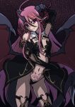  1girl absurdres ahoge aoi_tabane bare_shoulders black_dress black_gloves black_panties breasts clothing_cutout contrapposto corruption cosplay curled_horns dark_persona demon_girl demon_horns demon_tail demon_wings detached_collar dress elbow_gloves eyes_visible_through_hair gloves hair_between_eyes hair_ribbon heart heart_cutout heart_tattoo highres horns kouyoku_senki_exs-tia long_hair looking_at_viewer luxtia navel panties pink_hair pointy_ears pubic_tattoo purple_eyes red_wings revealing_clothes ribbon shakugan_no_shana shana single_horn small_breasts smile solo spread_wings tail tattoo thigh_strap thighhighs underwear very_long_hair wings 