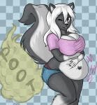 2013 anthro belly belly_grab belly_overhang belly_squish big_breasts black_body black_fur bottomwear breasts checkered checkered_background chukoko cleavage clothed clothing clutching_stomach countershade_torso countershading crop_top denim denim_bottomwear denim_clothing denim_shorts digital_media_(artwork) eyelashes fart fart_cloud fart_fetish female fur gassy gloves_(marking) hair hand_on_belly hand_on_own_belly heart_(marking) hotpants jessica_(coaster14) leg_markings mammal markings mephitid multicolored_body multicolored_fur on_one_leg one_eye_closed onomatopoeia open_mouth overweight overweight_anthro overweight_female panties pattern_background portrait purple_eyes raised_tail red_clothing red_panties red_underwear rumbling_stomach shirt shorts simple_background skunk socks_(marking) solo sound_effects squish standing tail text thong_straps three-quarter_portrait three-quarter_view topwear two_tone_body two_tone_fur unavailable_at_source underwear white_body white_fur white_hair wide_hips
