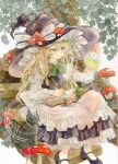  1girl absurdres apron black_cat black_hat black_shoes black_vest blonde_hair bow bowtie braid cat closed_mouth commentary_request flask green_bow green_bowtie hat hat_bow highres holding holding_flask holding_quill juliet_sleeves kirisame_marisa kisarush leaf long_hair long_sleeves mary_janes mushroom mushroom_hat_ornament painting_(medium) puffy_sleeves quill round-bottom_flask shoes side_braid single_braid sitting solo touhou traditional_media very_long_hair vest waist_apron watercolor_(medium) watermark white_apron white_bow witch_hat yellow_eyes 