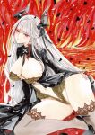  1girl admiral_zenker_(azur_lane) azur_lane black_dress black_hrons black_shoes black_thighhighs breasts clothing_cutout dress high_heels highres lace-trimmed_thighhighs lace_trim large_breasts long_hair looking_at_viewer marker_(medium) multicolored_hair navel navel_cutout parted_lips red_eyes red_hair red_streaks shoes solo streaked_hair thighhighs traditional_media uzuharu_(uduharu) white_hair 
