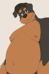  2:3 5_fingers anthro belly big_belly black_body black_fur black_hair black_nose brown_body brown_fur canid canine canis clothed clothing dobermann domestic_dog fingers fur guide_lines hair hi_res looking_at_viewer male mammal mature_male mullet nipples p_rindustries pantsless pinscher shirtless signature simple_background slightly_chubby smile smiling_at_viewer whisker_spots will_(p_rindustries) 
