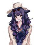  1girl animal_ears arknights braid cat_ears eunsae_(k40fflliu) eyewear_on_head green_eyes hat jessica_(arknights) jessica_the_liberated_(arknights) jessica_the_liberated_(ride_to_davistown)_(arknights) long_hair looking_at_viewer open_mouth purple_hair shirt simple_background solo upper_body white_background 