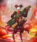 2025 4_fingers anthro arthropod balls big_penis biped black_body bodily_fluids church_(tasla_venhyle) cool. digitigrade erection fan_character fingers foreskin genital_fluids genitals gun hi_res holding_gun holding_object holding_ranged_weapon holding_weapon hollow_knight humanoid_genitalia humanoid_penis hybrid_genitalia hybrid_penis insect long_tongue male medial_ring medial_ringed_humanoid_penis medial_ringed_hybrid_penis multicolored_body nonbinary_(lore) penis precum ranged_weapon red_body solo standing tail team_cherry tongue tongue_out weapon