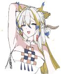  1girl arknights arm_up bare_arms bare_shoulders blonde_hair blue_eyes blue_hair breasts commentary cropped_torso dragon_girl dragon_horns earrings hair_between_eyes horns jewelry long_hair looking_at_viewer medium_breasts multicolored_hair no_jacket open_mouth pointy_ears shu_(arknights) simple_background sketch smile solo sweatdrop user_pwgg2547 white_background white_hair 