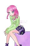  1girl aqua_eyes bad_id bad_twitter_id bare_legs black_skirt bright_pupils chocofish choker clothing_cutout commentary english_commentary eyelashes eyeshadow feet_out_of_frame green_hoodie green_pupils hair_ornament hairclip happy heart_cutout highres hood hood_down hoodie instagram_username knees lipstick long_hair long_sleeves looking_at_viewer loose_socks makeup midriff miniskirt outline parted_lips pencil_skirt pink_eyeshadow pink_hair pink_lips purple_socks simple_background sitting skirt sleeves_past_wrists smile socks solo striped_clothes striped_socks swept_bangs tecna_(winx_club) teeth tri_braids triangle twitter_username vertical-striped_clothes vertical-striped_socks watermark white_background white_choker white_outline winx_club 