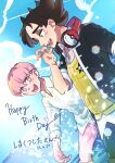  2boys :d black_jacket brown_hair cloud collared_shirt commentary_request dated day giacomo_(pokemon) hand_up happy happy_birthday headphones highres jacket male_focus multiple_boys nyoripoke open_mouth ortega_(pokemon) outdoors pants pink_hair pink_pants pointy_hair poke_ball_print pokemon pokemon_sv shirt short_hair sky smile team_star teeth tongue vest water white_shirt yellow_vest 