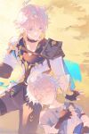  2boys armor blue_eyes child closed_eyes closed_mouth coat dual_persona grey_hair grey_shirt half-closed_eyes highres honkai:_star_rail honkai_(series) lying male_focus multiple_boys parted_bangs pauldrons phainon_(honkai:_star_rail) shiita34 shirt short_sleeves shoulder_armor single_pauldron smile white_coat yellow_pupils 