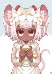  absurdres animal_ears apron blush breasts daikokuten_(fate) daikokuten_(first_ascension)_(fate) dark-skinned_female dark_skin dress fate/grand_order fate_(series) food grey_dress guriguri_(arayotto4351) highres long_sleeves looking_at_viewer maid_headdress mouse_ears mouse_girl mouse_tail onigiri red_eyes short_hair small_breasts smile solo tail twintails white_apron white_hair 