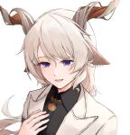  1boy :d animal_ears arknights black_shirt blazer brown_horns chinese_commentary collared_shirt commentary curled_horns hair_between_eyes highres horns jacket kreide_(arknights) lapels long_hair lower_teeth_only male_focus open_mouth purple_eyes shirt simple_background smile solo teeth white_background white_hair white_horns white_jacket xia_bao_(wulalala) 