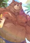 2025 absurd_res anthro bear belly ben_bigger beverage brown_body brown_fur clothed clothing detailed_background eye_scar facial_scar fur ha0haku hi_res holding_glass holding_object lemonade male mammal mihoyo moobs navel overweight overweight_male plant scar sky solo speedo speedo_only sunny swimwear topless tree zenless_zone_zero