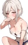  1girl breasts camisole cleavage downblouse highres large_breasts original paragasu_(parags112) short_hair simple_background single_off_shoulder sweat tagme white_background white_hair 