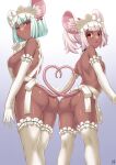  2girls absurdres animal_ears apron ass back blush bob_cut breasts closed_mouth daikokuten_(fate) daikokuten_(first_ascension)_(fate) dark-skinned_female dark_skin earrings fate/grand_order fate_(series) guriguri_(arayotto4351) hair_ornament hairclip heart heart_tail heart_tail_duo highres jewelry large_breasts looking_back mouse_ears mouse_girl mouse_tail multiple_girls naked_apron open_mouth pink_hair red_eyes short_hair small_breasts smile sweat tail twintails white_apron white_hair 