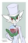 3_fingers alcohol beverage button_(fastener) cheek_horn clothing container cup drinking_glass eyebrows fingers front_view gallade generation_4_pokemon glass glass_container glass_cup glistening glistening_teeth green_background green_body hat head_crest head_spikes headgear headwear hi_res humanoid looking_at_viewer male necktie nintendo offering_beverage opilka_(artist) pattern_clothing pattern_hat pattern_headgear pattern_headwear pokemon pokemon_(species) raised_eyebrow red_eyes red_necktie simple_background sir_gallade smile solo sparkles spikes spikes_(anatomy) striped_clothing striped_hat striped_headgear striped_headwear stripes suit suit_jacket teeth teeth_showing top_hat white_body white_clothing white_hat white_headwear white_suit white_top_hat wine wine_glass