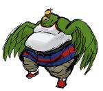 anthro avian beak belly belt big_belly bird clothed clothing comerboy75 dium_(dragon_ball) dragon_ball dragon_ball_super feathers green_body green_feathers headgear headwear male moobs obese obese_anthro obese_male open_beak open_mouth open_smile overweight overweight_anthro overweight_male parrot realistic_wings shirt simple_background smile solo tank_top thick_thighs topwear white_background wings
