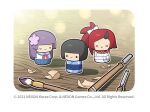  black_hair black_horns blue_archive blue_haori character_doll chisel commentary doll donmin_h english_commentary floral_print flower front_bow hair_flower hair_ornament haori hip_vent horns japanese_clothes kikyou_(blue_archive) long_hair neckerchief no_humans obi official_art paintbrush ponytail purple_hair red_hair red_neckerchief red_sailor_collar renge_(blue_archive) sailor_collar sash school_uniform second-party_source serafuku short_hair sideless_outfit sideless_shirt single_horn skirt smile table yukari_(blue_archive) 