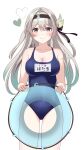  1girl alternate_costume black_ribbon blue_one-piece_swimsuit blush breasts brown_hairband cleavage collarbone covered_navel firefly_(honkai:_star_rail) gradient_hair green_pupils grey_hair hair_between_eyes hair_intakes hair_ornament hair_ribbon hairband heart highres holding_tube honkai:_star_rail honkai_(series) large_breasts multicolored_eyes multicolored_hair name_tag niwashi_nero one-piece_swimsuit ribbon school_swimsuit simple_background smile swimsuit tube twitter_username two-tone_eyes white_background 