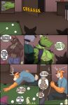 absurd_res anthro antlers ball billiard_ball billiard_table brown_body brown_fur bulge canid canine canis comic crossed_arms cue_ball deer dialogue domestic_dog door_handle doorknob english_text fur furniture green_body green_skin grey_body grey_fur group hi_res horn kento267 lizard male male/male mammal multicolored_body multicolored_fur muscular muscular_anthro muscular_male opening_door orange_body orange_fur reptile scalie shirtless_anthro shirtless_male table text two_tone_body two_tone_fur