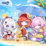  3girls ;) ahoge beach beach_umbrella bikini black_skirt blue_eyes blue_sky chibi chibi_only coconut coconut_tree commentary copyright_logo crab diamond-shaped_pupils diamond_(shape) elf elysia_(herrscher_of_human:_ego)_(honkai_impact) elysia_(honkai_impact) english_commentary homu_(honkai_impact) honkai_(series) honkai_impact_3rd kiana_kaslana long_hair multiple_girls official_alternate_costume official_art one_eye_closed orange_pants palm_tree pants pink_hair pink_pupils pointy_ears ponytail purple_eyes purple_sarong red_hair sand sand_sculpture sarong senadina skirt sky smile striped_innertube swimsuit symbol-shaped_pupils tank_top tree umbrella very_long_hair white_bikini white_hair white_tank_top yellow_innertube 