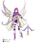  1girl ahoge alternate_costume aqua_eyes bad_id bad_twitter_id belt belt_buckle black_belt boots bracelet buckle chocofish cleavage_cutout cloak closed_mouth clothing_cutout commentary cross-laced_clothes cross-laced_dress crossbow crossed_belts dress english_commentary eyelashes fairy fairy_wings frilled_sleeves frills full_body gloves green_cloak green_wings hair_ornament hair_ribbon hairclip high_heel_boots high_heels highres holster hood hood_down hooded_cloak jewelry knee_pads lace-trimmed_cloak lace-up_boots lace_trim leotard leotard_under_clothes lipstick long_sleeves magical_girl makeup medium_dress medium_hair multiple_belts oversized_wings pink_hair pink_lips pointy_ears pokemon_center puffy_long_sleeves puffy_sleeves purple_belt purple_boots purple_cloak purple_dress purple_gloves purple_leotard purple_ribbon purple_wings reference_sheet ribbon simple_background smile solo tecna_(winx_club) thigh_belt thigh_strap three-quarter_sleeves tress_ribbon two-sided_cloak two-sided_fabric two-tone_wings weapon white_background wings winx_club 