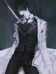  1boy black_hair black_suit blood blood_on_clothes blood_on_face blood_on_mouth blood_on_wall blood_splatter coat collared_shirt corpse cowboy_shot death dongrang_(project_moon) glasses green_eyes green_hair green_necktie head_tilt highres impaled limbus_company male_focus messy_hair necktie on_ground open_mouth project_moon shirt short_hair solo suit teeth upper_teeth_only white_coat white_shirt wuruko 