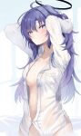  1girl black_halo blue_archive blue_eyes blush breasts halo inoue_takuya_(tactactak) long_hair long_sleeves looking_at_viewer mechanical_halo medium_breasts navel no_panties open_clothes purple_hair shirt simple_background solo stomach sweat sweatdrop white_shirt yuuka_(blue_archive) 