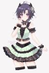  1girl antenna_hair arm_garter black_hair closed_mouth cowboy_shot crop_top demon_horns fake_horns frilled_skirt frilled_straps frilled_wrist_cuffs frills green_skirt hand_up heart heart-shaped_pupils highres horns idolmaster idolmaster_(classic) idolmaster_million_live! idolmaster_million_live!_theater_days kikuchi_makoto looking_at_viewer midriff navel purple_eyes secret_lip_(idolmaster) shirako_(srk_srtk) short_hair simple_background skirt sleeveless smile solo standing symbol-shaped_pupils watermark white_background wrist_cuffs 