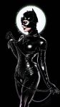  1girl absurdres animal_ears batman_(series) batman_returns black_bodysuit black_corset black_eyeshadow black_gloves black_mask blue_eyes bodysuit breasts cat_ears catwoman catwoman_costume_(batman_returns) claws corset dc_comics eyeshadow gloves highres holding holding_whip jacobady large_breasts latex latex_bodysuit lipstick makeup mask pale_skin red_lips selina_kyle solo stitches upper_body whip 