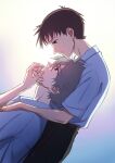 2boys adam&#039;s_apple blue_eyes brown_hair closed_mouth collared_shirt dutch_angle feet_out_of_frame fingernails gradient_background grey_hair hair_between_eyes hand_on_another&#039;s_chest hand_on_another&#039;s_chin hand_on_another&#039;s_hand head_back highres ikari_shinji male_focus multiple_boys nagisa_kaworu neon_genesis_evangelion parted_bangs profile red_eyes school_uniform shirt shirt_tucked_in smile standing tokyo-3_middle_school_uniform white_shirt wing_collar yaoi yellowfish 