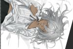  1boy arms_up art_program_in_frame bishounen black_necktie black_pants collared_shirt commentary cowboy_shot dark-skinned_male dark_skin dontdespair365 grey_eyes grey_hair hair_between_eyes looking_to_the_side lying male_focus medium_hair metaphor:_refantazio midriff_peek necktie on_back pants parted_lips shirt sideways_glance solo the_prince_(metaphor:_refantazio) white_shirt wing_collar 