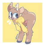 1:1 2024 anthro antlers artist_name balls bent_over black_eyes border brown_body brown_fur butt clothing cropped_hoodie deer disembodied_penis erection eyebrows femboy fur fur_markings genitals grey_hooves grey_penis hands_on_knees hands_on_legs happy hi_res hoodie hooves horn humanoid_genitalia humanoid_penis looking_back male mammal markings multicolored_body multicolored_fur oakley_(aiyhav_nouneim) open_mouth penis penis_on_butt raised_eyebrows short_tail simple_background solo standing tail tan_body tan_fur text topwear tuft two_tone_body two_tone_fur vein veiny_penis white_border yellow_background yellow_clothing yellow_hoodie yellow_topwear zyneru