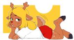 anthro antlers arm_support black_hooves blonde_hair bodily_fluids bottomwear brown_body brown_fur buckteeth clothed clothed_anthro clothed_female clothing cloven_hooves deer deltarune dipstick_tail eyebrows female fingers freckled_face freckles frown fully_clothed fully_clothed_anthro fully_clothed_female fur fur_markings green_eyes hair hand_on_face hooves horn hot-coco leaning_on_elbow long_ears long_hair looking_at_viewer lying mammal markings motion_lines mouth_closed multicolored_body multicolored_fur new_world_deer noelle_holiday on_front pose raised_leg red_bottomwear red_clothing red_nose red_shorts reindeer scut_tail shirt short_tail shorts simple_background solo sweat sweatdrop sweaty_body tail tail_markings tail_motion tailwag teeth thick_thighs topwear two_tone_body two_tone_fur undertale_(series) white_clothing white_shirt white_topwear