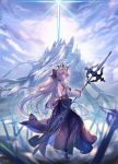  1girl absurdres avalon_le_fae_(fate/grand_order) backless_dress backless_outfit black_bow black_dress blue_eyes blue_sky bow closed_mouth cloud commentary_request day dress fate/grand_order fate_(series) floating_hair from_behind grey_hair hair_bow heartunder_hub highres holding holding_staff holding_weapon looking_at_viewer morgan_le_fay_(fate) morgan_le_fay_(third_ascension)_(fate) outdoors planted planted_sword ponytail sky solo staff sword two-tone_dress weapon white_dress white_sleeves 