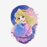  1girl animification aurora_(disney) blonde_hair blue_eyes chibi dress long_hair long_sleeves looking_at_viewer makeup meecosme princess simple_background sleeping_beauty_(disney) smile tag tagme tiara 
