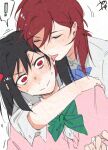  2girls adversarial_noise arms_around_neck black_hair blue_bow blue_bowtie blush bow bowtie closed_eyes closed_mouth collared_shirt commentary green_bow green_bowtie hashtag-only_commentary highres licking licking_ear long_hair love_live! love_live!_school_idol_project multiple_girls nishikino_maki otonokizaka_school_uniform pink_sweater red_eyes red_hair school_uniform shirt simple_background surfacedxxc sweater tongue tongue_out twintails white_background white_shirt yazawa_nico yuri 