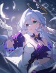 1girl absurdres aqua_eyes bare_shoulders bead_bracelet beads blue_hair bracelet choker detached_sleeves dress face_jewel feathers gloves hair_between_eyes halo head_wings highres honkai:_star_rail honkai_(series) jewel_under_eye jewelry long_hair musical_note purple_choker robin_(honkai:_star_rail) shali short_sleeves solo strapless strapless_dress two-tone_dress upper_body white_dress white_gloves white_wings wings 