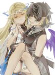  2girls absurdres bare_shoulders black_collar black_hair blush breasts carrying cartethyia_(wuthering_waves) chinese_commentary closed_eyes collar colored_inner_hair commentary_request crown_of_thorns earrings elbow_pads female_rover_(wuthering_waves) grey_hair hair_ribbon highres jewelry large_breasts looking_at_viewer multicolored_hair multiple_girls open_mouth pout princess_carry ribbon rover_(wuthering_waves) simple_background smile sweatdrop tacet_mark_(wuthering_waves) triangle_earrings tuzhong718 white_background wuthering_waves yellow_eyes yellow_ribbon 
