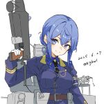  1girl absurdres adapted_turret aircraft_catapult anti-aircraft_gun bigkwl blue_eyes blue_hair blue_jacket blush breasts cannon gloves gotland_(kancolle) hair_between_eyes hair_bun highres jacket kantai_collection long_hair long_sleeves looking_at_viewer machinery military_uniform mole mole_under_eye rigging ship_turret single_hair_bun smile smokestack solo upper_body white_gloves 
