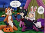  3girls akemi_homura animal_costume bow candy cat_costume food fox_costume halloween highres jack-o&#039;-lantern kaname_madoka mahou_shoujo_madoka_magica majka626 multiple_girls night pumpkin rabbit_costume sakura_kyoko speech_bubble tail tail_bow tail_ornament tent 