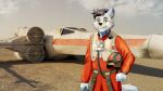 2025 3d_background anthro armor belt black_hair blue_body blue_fur brown_hair canid canine clothed clothing colored crossover desert digital_drawing_(artwork) digital_media_(artwork) doomsmoker ear_piercing ear_ring engine flight_suit fox full_body_suit fur green_eyes grey_body grey_fur hair harness headgear helmet helmet_in_hand hi_res holding_armor holding_headgear holding_helmet holding_object landscape looking_at_viewer male mammal multicolored_body multicolored_fur nlija open_mouth orange_jumpsuit outside piercing pilot pilot_helmet rebel rebel_alliance ring_piercing scenery science_fiction shaded ship sky smile solo spacecraft standing star_wars tail teeth two_tone_body two_tone_fur uniform vehicle watercraft white_body white_fur white_tail wings x-wing x-wing_uniform
