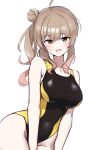  1girl black_one-piece_swimsuit breasts brown_eyes brown_hair cevio competition_swimsuit hair_bun highleg highleg_one-piece_swimsuit highres large_breasts long_hair looking_at_viewer one-piece_swimsuit satou_sasara side_ponytail simple_background single_hair_bun single_side_bun solo sparkling_yudofu swimsuit voiceroid white_background 