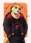 2025 anthro black_bottomwear black_clothing black_jacket black_pants black_shirt black_topwear bottomwear canid canine canis clothed clothed_male clothing cooper_krager english_text fur hand_in_pocket hi_res jacket luck_like male male_anthro mammal multicolored_body multicolored_fur nose_scar pants pockets portrait remember_the_flowers shirt signature simple_background solo standing text text_on_clothing text_on_topwear three-quarter_portrait topwear two_tone_body two_tone_fur wolf yellow_body yellow_fur