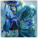  1boy animalization armor arms_at_sides belt black_belt black_bodysuit black_bridal_gauntlets black_shorts blue_cape blue_gemstone blue_hat blue_kimono blue_sleeves blunt_ends bodysuit box bridal_gauntlets cape caramelo_game closed_mouth eyeliner eyeshadow feathers food furisode gem genshin_impact giving_food gold gold_ring grass hakama hakama_shorts hat highres holding holding_food japanese_armor japanese_clothes jingasa juban kimono kote kurokote layered_sleeves leaf looking_at_animal looking_down makeup male_focus mandarin_collar middle_ring mountainous_horizon napkin open_clothes open_kimono overcast person_and_animalization pleated_shorts pom_pom_(clothes) purple_cat purple_eyes purple_hair purple_rope purple_sash rain red_eyeliner red_eyeshadow rope sash scaramouche_(cat)_(genshin_impact) scaramouche_(genshin_impact) short_sleeves shorts sky standing statue_of_the_seven twitter_username vision_(genshin_impact) wanderer_(genshin_impact) watermark white_kimono white_sleeves yellow_feathers 