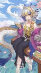  1girl absurdres arknights bare_shoulders black_pants blonde_hair blue_hair braid breasts camisole chinese_commentary choker cleavage closed_mouth collarbone colored_extremities commentary cup dragon dragon_girl dragon_horns dragon_tail drink earrings eastern_dragon flower foot_out_of_frame frilled_sleeves frills fruit_earrings green_eyes grey_hair hair_between_eyes hair_flower hair_intakes hair_ornament highres holding holding_drink horns jacket jewelry long_hair long_sleeves multicolored_hair necklace off_shoulder official_alternate_costume pants pink_jacket pointy_ears sakazuki sandals shu_(arknights) shu_(spring_feast)_(arknights) sitting small_breasts smile solo tail white_sandals xigua yellow_camisole yellow_choker 