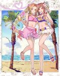  2girls aerith_gainsborough aerith_gainsborough_(pink_mermaid) beach bikini black_hair blue_sky braid braided_ponytail breasts brown_hair cleavage closed_mouth cloud cloudy_sky commentary_request cup final_fantasy final_fantasy_vii final_fantasy_vii_remake flower full_body green_eyes hair_flower hair_ornament hand_on_another&#039;s_arm hand_on_another&#039;s_stomach heart highres holding holding_cup large_breasts long_hair looking_at_viewer medium_breasts mirrorclew multiple_girls navel ocean open_mouth palm_tree pink_bikini ponytail red_eyes sand sandals sky smile standing standing_on_one_leg sunlight swimsuit teeth tifa_lockhart tifa_lockhart_(shining_spirit) tree upper_teeth_only water white_bikini 
