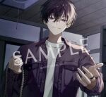  1boy architecture beckoning black_hair copyright_notice ear_piercing east_asian_architecture hair_between_eyes holding holding_rope inaotteko_ze indoors jacket jewelry lamp long_sleeves looking_at_viewer male_focus nijisanji official_art open_clothes open_jacket piercing purple_eyes purple_jacket ring rope saiki_ittetsu sample_watermark shirt short_hair shouji sliding_doors smile solo straight-on upper_body virtual_youtuber watermark white_shirt 