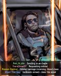  1boy beard ben_affleck_smoking_(meme) brown_hair chat_log cigarette closed_eyes cockpit english_text facial_hair helldivers_(series) highres holding holding_cigarette jumpsuit meme pelican_1_(helldivers) phantom_ix_row pilot smoking solo sunglasses windshield 