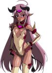  1girl absurdres ahoge aoi_tabane ass_visible_through_thighs bare_shoulders blush breasts circlet covered_navel covered_nipples cowboy_shot cropped_legs dark-skinned_female dark_skin demon_girl demon_horns demon_tail earrings elbow_gloves gloves hair_between_eyes hand_on_own_hip heart heart_earrings highleg highleg_leotard highres horns jaggy_lines jewelry kougyaku_reiki leotard long_hair long_tongue looking_at_viewer pink_eyes pink_hair pointy_ears purple_eyes purple_hair red_trim shakugan_no_shana shana simple_background small_breasts smile solo standing tail thighhighs tongue tongue_out transparent_background very_long_hair white_background white_gloves white_thighhighs 