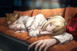  1girl agenoumi blonde_hair blurry blurry_background blush bra breasts collared_shirt couch english_commentary evelyn_chevalier full_body head_on_hand highres indoors jewelry large_breasts lingerie long_sleeves lying mole mole_under_eye on_couch on_side open_clothes open_mouth open_shirt pillow purple_bra purple_eyes shirt short_hair solo underwear uneven_bangs white_shirt zenless_zone_zero 